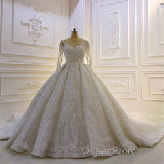 Sparkle 3D Lace Appliques Long Sleevess Church Train Wedding Dresses