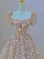 Sparkle A Line Square Neckline Sequin Pink Long Evening Prom Dresses