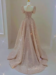 Sparkle A Line Square Neckline Sequin Pink Long Evening Prom Dresses