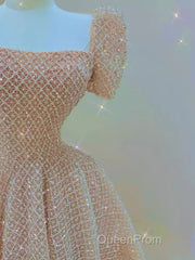 Sparkle A Line Square Neckline Sequin Pink Long Evening Prom Dresses