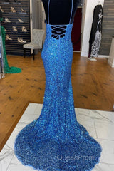 Sparkle Blue Sequin Evening Prom Dresses Iridescent Mermaid Long Formal Dresses Side Slit