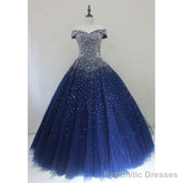 Sparkle Navy Blue Off Shoulder Ball Party Dress,Red Black Beaded Prom Dresses