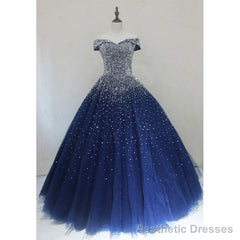 Sparkle Navy Blue Off Shoulder Ball Party Dress,Red Black Beaded Prom Dresses