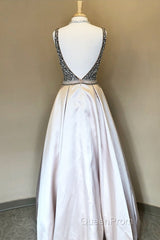 Sparkle Sequin Beaded V-Neck Long Satin Evening Prom Dresses