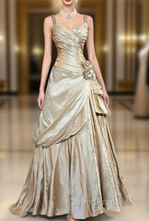 Sparkling A-Line V-Neck Satin Backless Long Evening Prom Dresses Evening Dresses Graduation Evening Prom Dresses