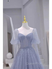 Sparkling Blue Short Sleeves Tulle Long Sweetheart Party Dresses A-Line Blue Evening Prom Dresses