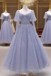 Sparkling Blue Short Sleeves Tulle Long Sweetheart Party Dresses A-Line Blue Evening Prom Dresses