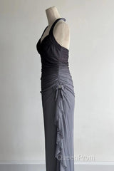 Sparkling Gradient Dark Gray Halter Neck Ruffle Sheath Evening Prom Dresses Birthday Dresses