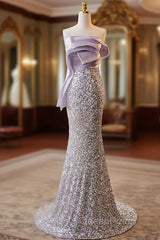 Sparkling Lavender Color Sleeveless Off Shoulder Sequin Evening Dresses With Lavender Color Mermaid Backless Strap And Floor Length Evening Dresses