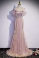 Sparkling Powder Blusher Pink Sequins Off Shoulder Short Sleeve Evening Dresses Powder Blusher Pink Trumpet/Mermaid Open Back Zipper Sweep Tail Evening Prom Dresses