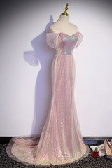 Sparkling Powder Blusher Pink Sequins Off Shoulder Short Sleeve Evening Dresses Powder Blusher Pink Trumpet/Mermaid Open Back Zipper Sweep Tail Evening Prom Dresses