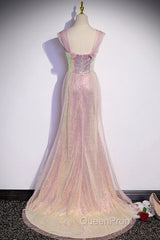 Sparkling Powder Blusher Pink Sequins Off Shoulder Short Sleeve Evening Dresses Powder Blusher Pink Trumpet/Mermaid Open Back Zipper Sweep Tail Evening Prom Dresses