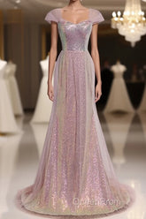 Sparkling Powder Blusher Pink Sequins Off Shoulder Short Sleeve Evening Dresses Powder Blusher Pink Trumpet/Mermaid Open Back Zipper Sweep Tail Evening Prom Dresses