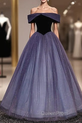 Sparkling Purple Gradient Tulle Off Shoulder A-Line Purple Evening Dresses Evening Prom Dresses