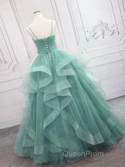 Sparkling Quinceanera Dresses V Neck Tulle Long Evening Prom Dresses Green Sweet Dresses Floor Length