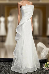 Sparkling White Sleeveless Off Shoulder Ball Dresses With White Thin Shoulder Straps Backless Straps And Floor Length Ruffled Edge For Evening Dressesing