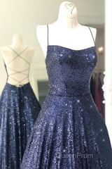 Sparkly Backless Navy Blue Long Evening Prom Dresses, Open Back Long Navy Blue Formal Evening Dresses