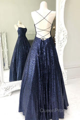 Sparkly Backless Navy Blue Long Evening Prom Dresses, Open Back Long Navy Blue Formal Evening Dresses