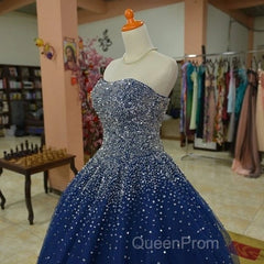 Sparkly Beaded Strapless Navy Blue Ball Gown Evening Prom Dresses