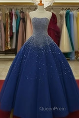Sparkly Beaded Strapless Navy Blue Ball Gown Evening Prom Dresses