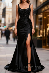 Sparkly Black Floral Spaghetti Straps Mermaid Long Evening Prom Dresses with Slit