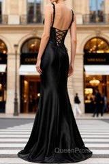 Sparkly Black Floral Spaghetti Straps Mermaid Long Evening Prom Dresses with Slit