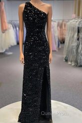 Sparkly Black One Shoulder Side Slit Evening Prom Dresses,