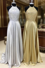 Sparkly Crystal Beaded Halter Long Satin Open Back Evening Prom Dresses