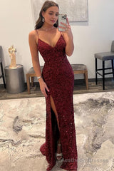 Sparkly Dark Red Sequins Long Prom Dress with Slit Formal Evening Dresses