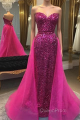 Sparkly Hot Pink Detachable Train Sequins Long Evening Prom Dresses