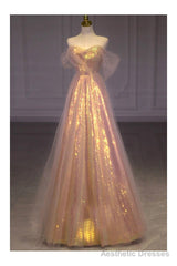 Sparkly Long Pink Off Shoulder Bling Prom Dress