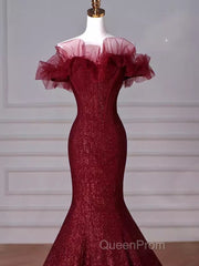 Sparkly Mermaid Burgundy Sequin Long Evening Prom Dresses Party Dresses