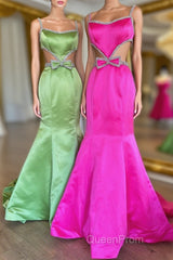 Mermaid Evening Prom Dresses Spaghetti Straps Long Evening Dresses with Bow