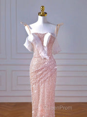 Sparkly Mermaid Straps Pink Tulle Pearls Long Evening Prom Dresses