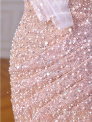 Sparkly Mermaid Straps Pink Tulle Pearls Long Evening Prom Dresses