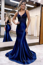 Sparkly Navy Beaded Open Back Mermaid Long Prom Dress