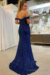 Sparkly Navy Corset Mermaid Sequins Long Prom Dress with Slit