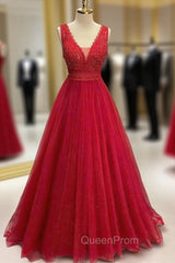 Sparkly Red Evening Prom Dresses, A-line Princess V Neck Long/Floor-Length Tulle Evening Prom Dresses With Appliqued Beading Glitter