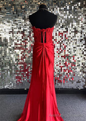 Red Sheath Strapless Corset Satin Prom Dress with Slit