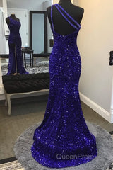 Sparkly Royal Blue Sequins One Shoulder Long Evening Prom