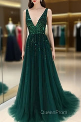 Sparkly Sequins Beaded V-Neck Tulle Open Back Evening Dresses