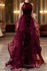 Sparkly Sheath Burgundy Sequin Long Evening Prom Dresses Party Dresses