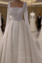 Sparkly Square Neck Long Sleeve Wedding Dresses
