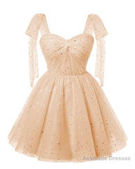 Sparkly Starry Blush Pink Tulle Short Homecoming Dresses Spaghetti Bow Straps Prom Dress Sequin Cocktail Party Dress for Teens