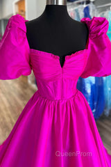 Square Neck Fuchsia Puff Sleeves A-Line Evening Prom Dresses