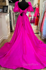 Square Neck Fuchsia Puff Sleeves A-Line Evening Prom Dresses