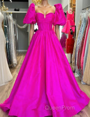 Square Neck Fuchsia Puff Sleeves A-Line Evening Prom Dresses