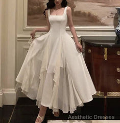 Square Neck White Asymmetric A-Line Long Evening Dress