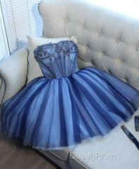 Charming Blue Lace Tule A Lin Short Evening Prom Dresses, Homecoming Dresses
