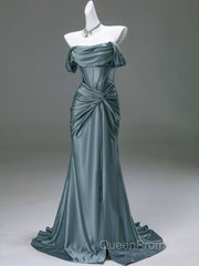 Steel Blue Silk Evening Dresses - Corset Back Evening Prom Dresses with Off-the-Shoulder Design Plus Size